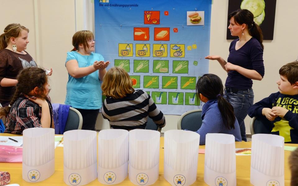 Kinder besprechen Ernährungspyramide